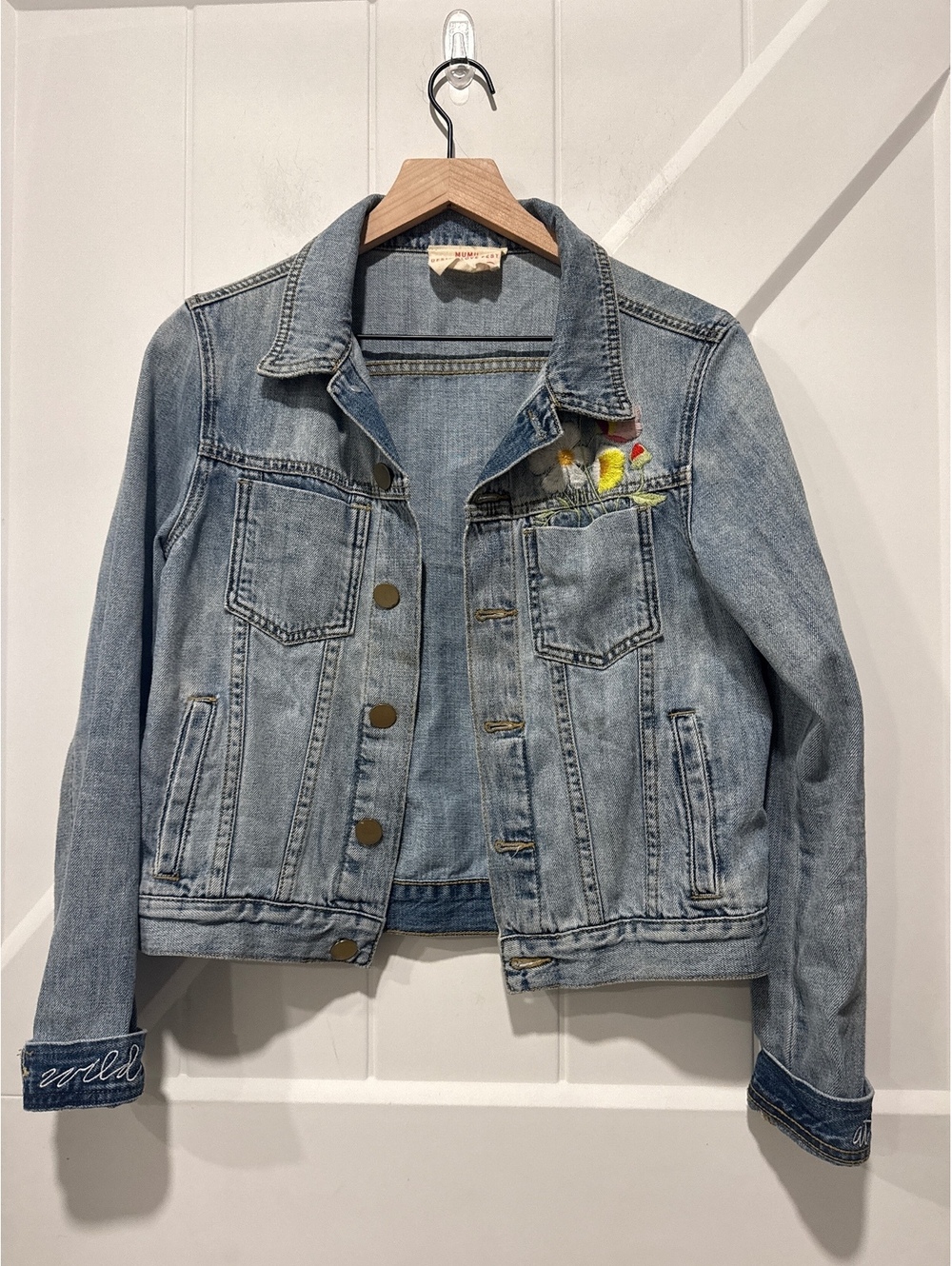 MUMU x DESIGN LOVE FEST Light Vintage Wash Denim Jacket with Floral Embroidery